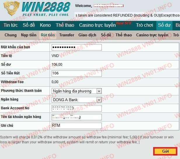 Gửi tiền và rút tiền ở nhà cái Win2888 hết sức nhanh chóng, đơn giản